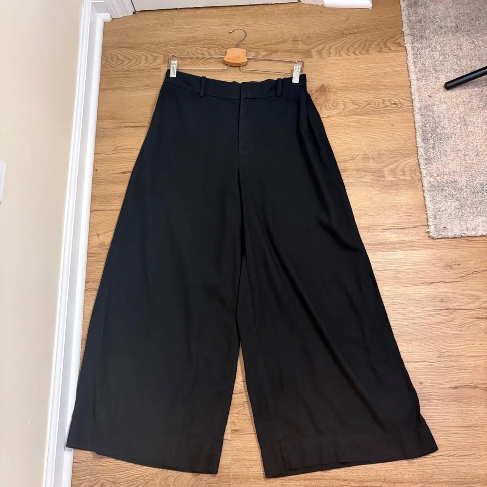 Mango MNG Pants Womens 12 Black Wide Leg Linen Blend Culottes High Rise Casual